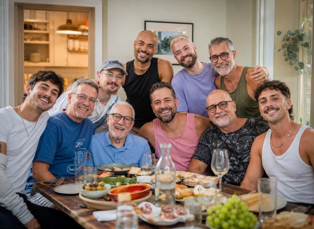 groupe d’amis gays de plusieurs générations partageant un repas