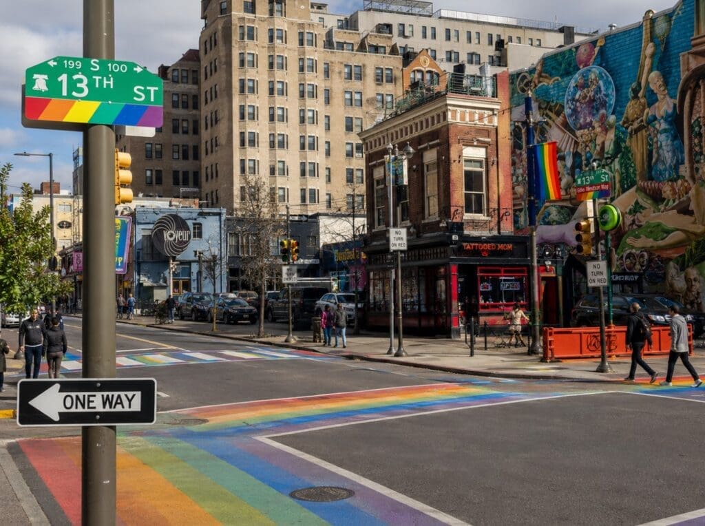 high-resolution image of rainbow street signs and crosswalks in Philadelphia’s Gayborhood