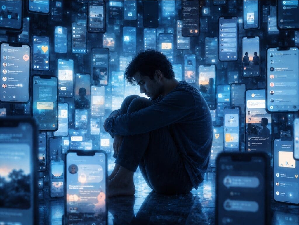 illustration conceptuelle et poétique montrant la solitude face à une multitude d’écrans de smartphones