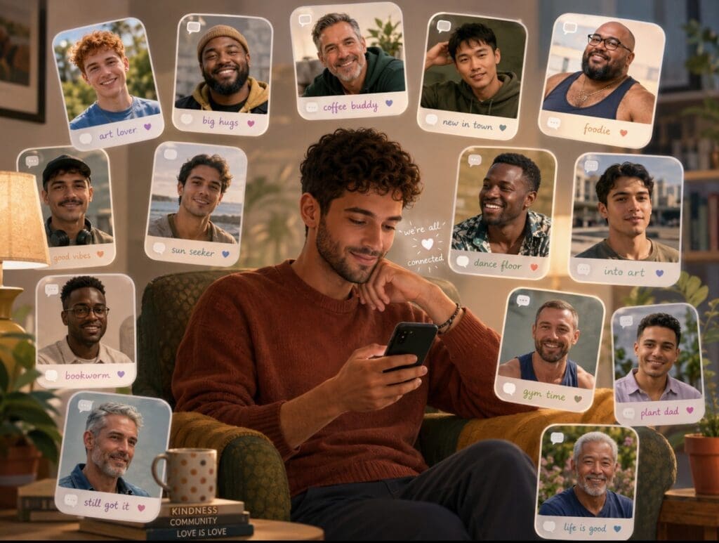 illustration douce et non stigmatisante montrant un homme gay regardant son téléphone, entouré de profils d’âges et de corps variés