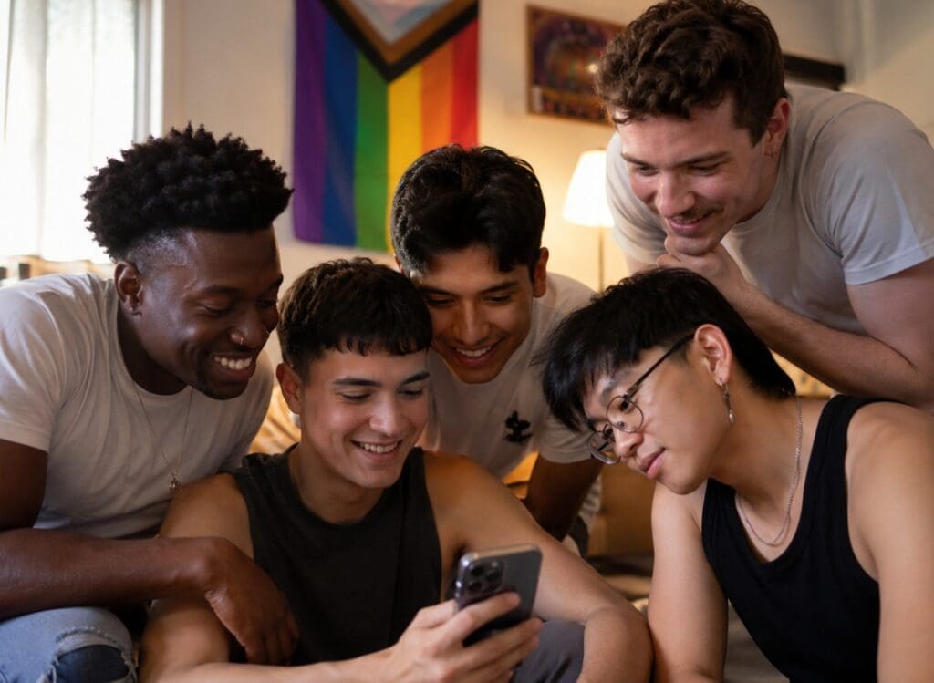 illustration inclusive montrant plusieurs jeunes LGBTQ+ aux styles, corps et origines variés face à un écran de téléphone