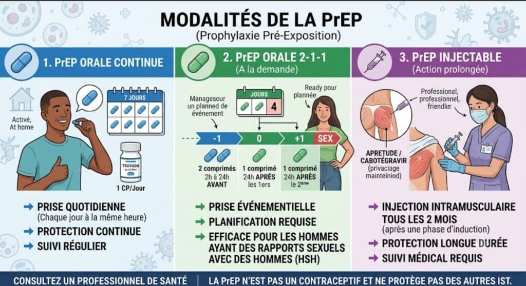 illustration médicale présentant les trois modalités disponibles PrEP orale continue, PrEP orale 2-1-1 et PrEP injectable