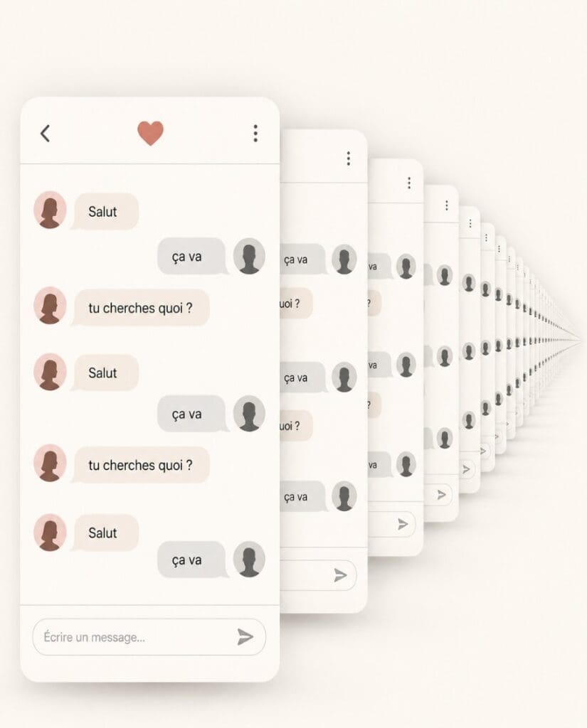 illustration minimaliste montrant une conversation “Salut / ça va / tu cherches quoi ?” répétée à l’infini