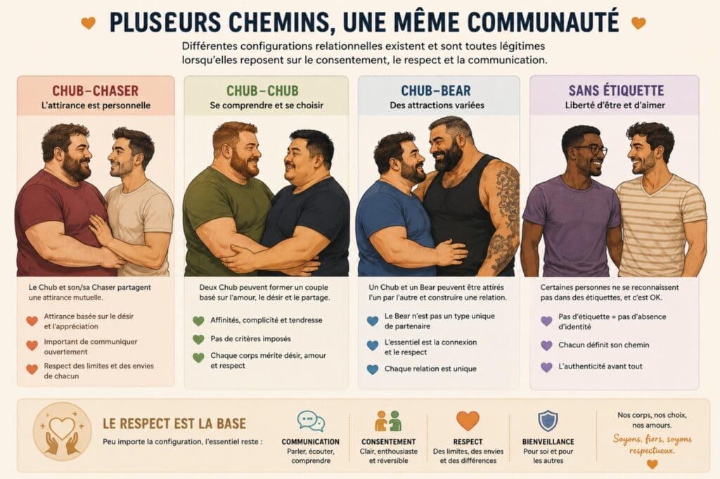 illustration montrant plusieurs configurations relationnelles : Chub–Chaser, Chub–Chub, Chub–Bear et personnes sans étiquette