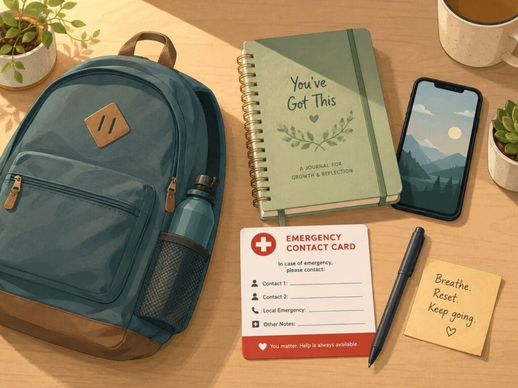 illustration of a backpack, journal, phone, and emergency contact card arranged on a desk