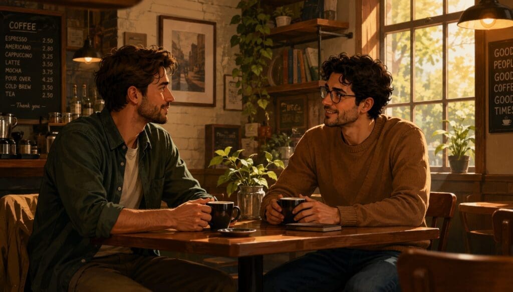 illustration of a men couple having a calm conversation over coffee