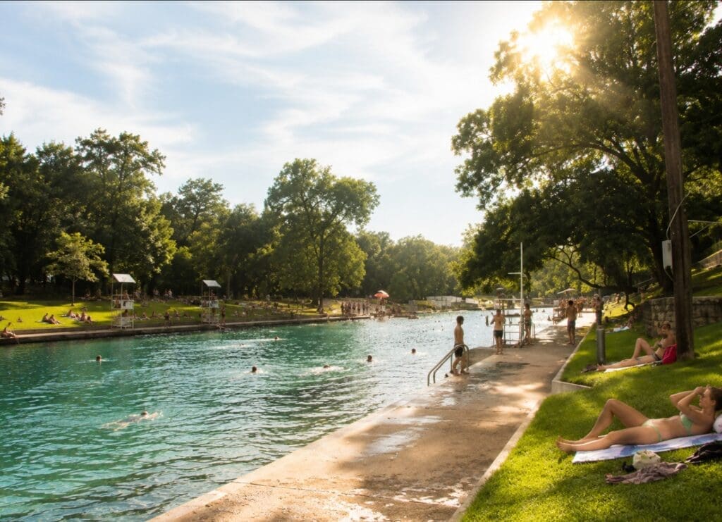 image of Barton Springs Pool on a warm morning, with visitors relaxing on the grassy slope