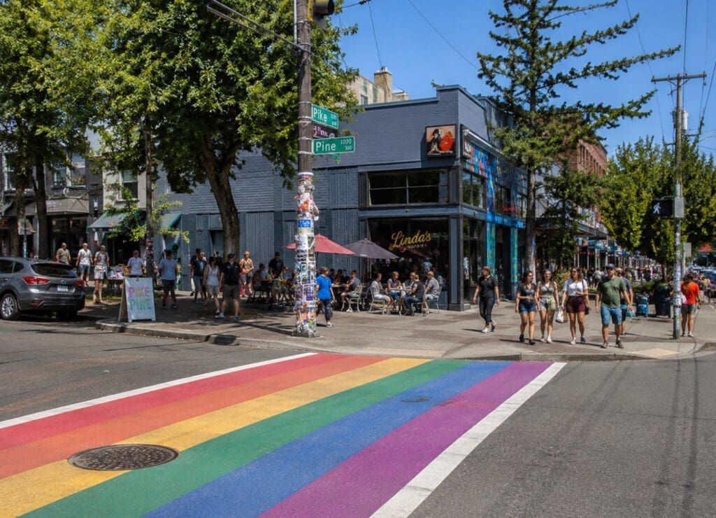image of Capitol Hill’s rainbow crosswalks and Pike/Pine street life