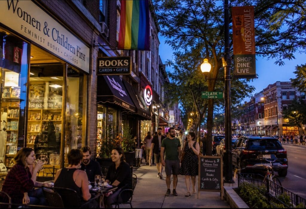 image of Clark Street in Andersonville, showing independent shops and neighborhood cafés