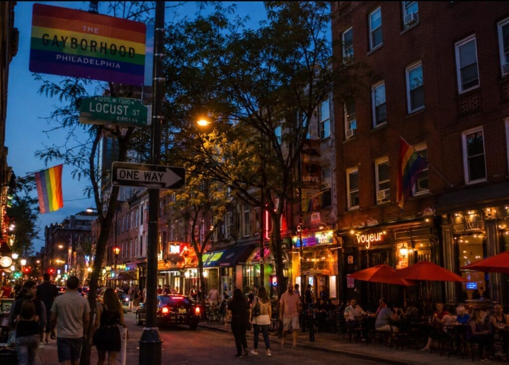 image of Philadelphia’s Gayborhood during an ordinary evening, showing rainbow street signs, restaurants, and pedestrians