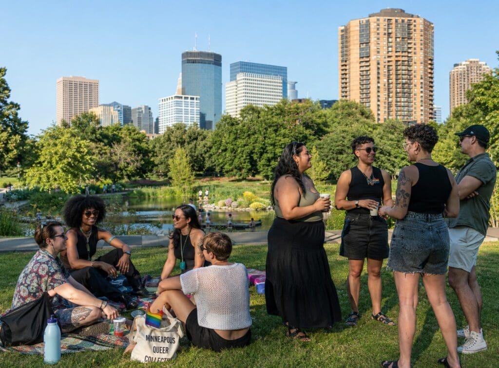 image of an inclusive social gathering at Loring Park or a queer arts event in Minneapolis