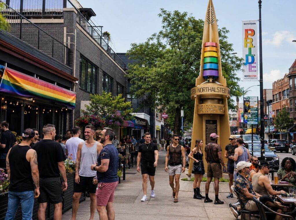 image of queer residents socializing along North Halsted Street, with the Legacy Walk visible