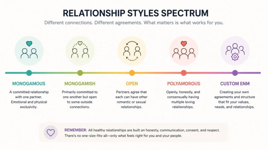 infographic showing a spectrum: monogamous, monogamish, open, polyamorous, custom ENM