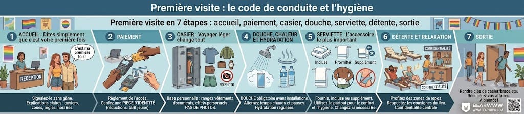 infographie “Première visite en 7 étapes : accueil, paiement, casier, douche, serviette, détente, sortie”