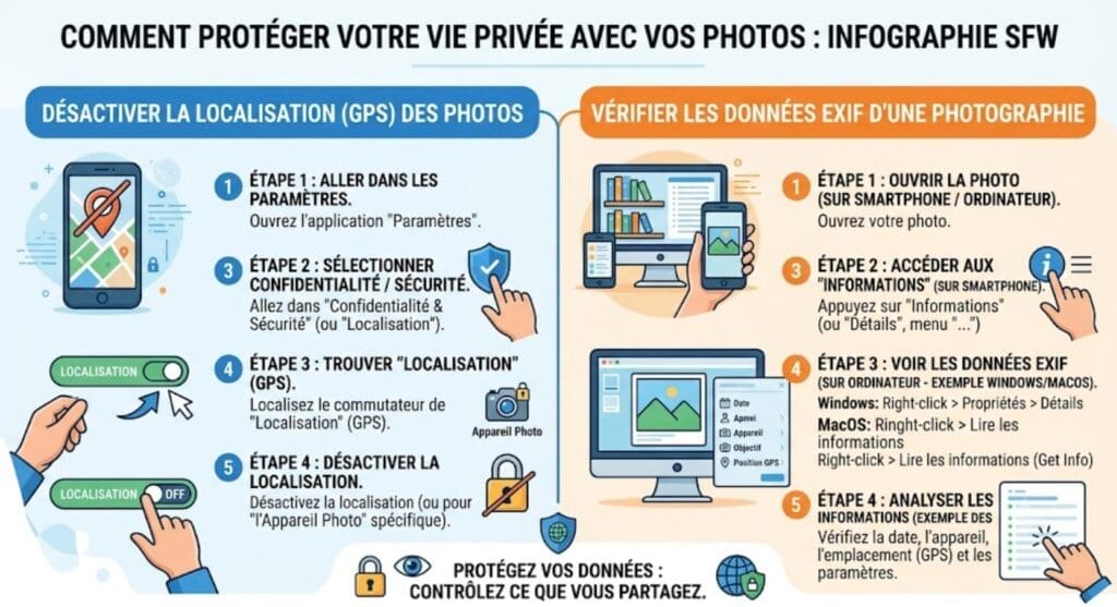 infographie SFW montrant comment désactiver la localisation et vérifier les données EXIF d’une photographie