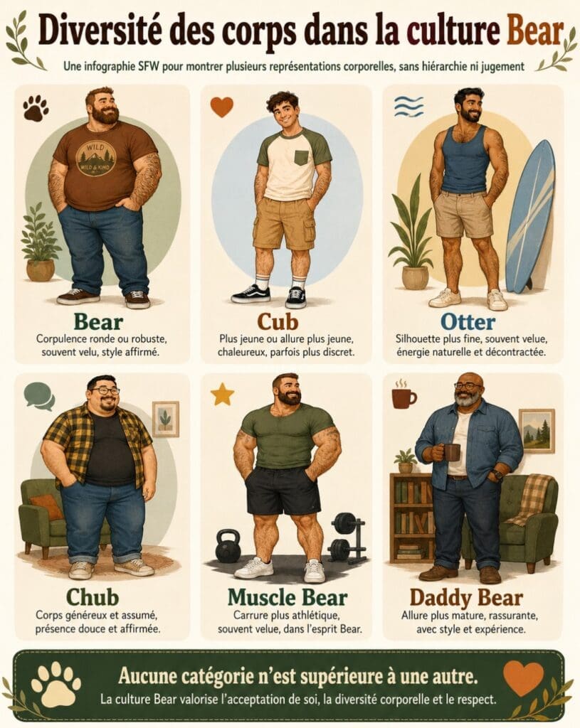 infographie comparant plusieurs représentations corporelles au sein de la culture Bear, sans les hiérarchiser