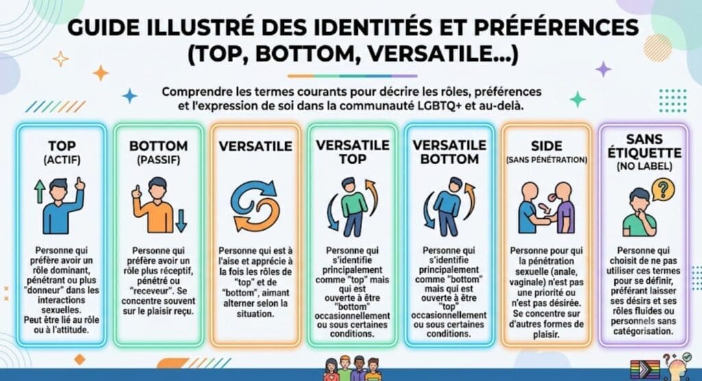 infographie éducative qui explique les différents termes gay utilisés pour décrire les préférences sexuelles et relationnelles