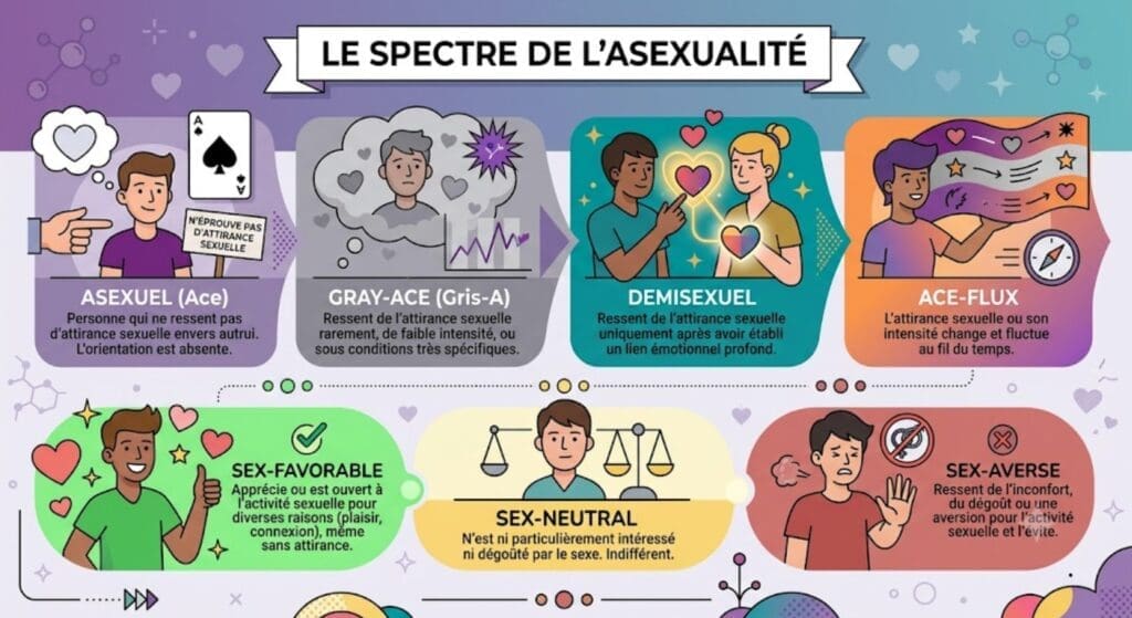 infographie illustrant le spectre de l’asexualité : asexuel, gray-ace, demisexuel, ace-flux, sex-favorable, sex-neutral, sex-averse