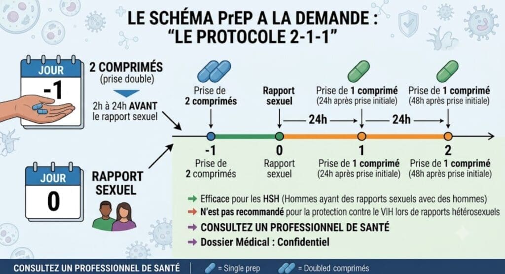 infographie médicale claire expliquant le schéma 2-1-1 sur une ligne du temps