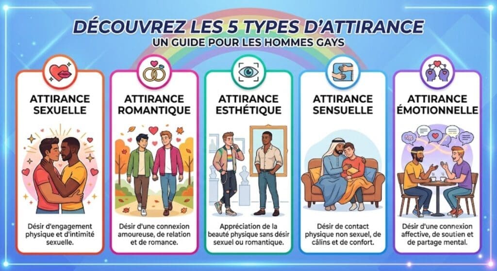infographie simple : “attirance sexuelle”, “attirance romantique”, “attirance esthétique”, “attirance sensuelle”, “attirance émotionnelle”