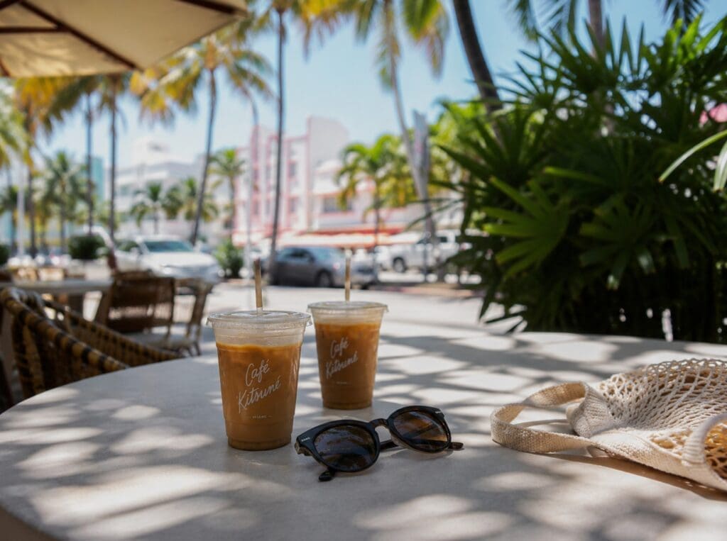 lifestyle photograph of a shaded South Beach café table with iced coffee, sunglasses, and palm trees in the background