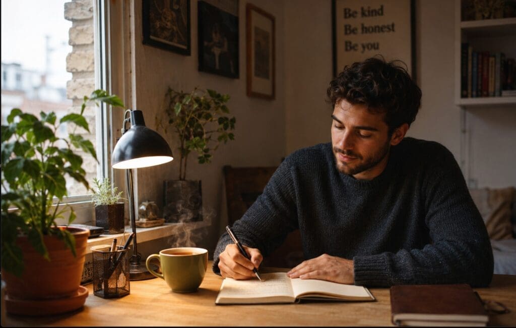 male person sitting with a cup of tea, journaling beside a window