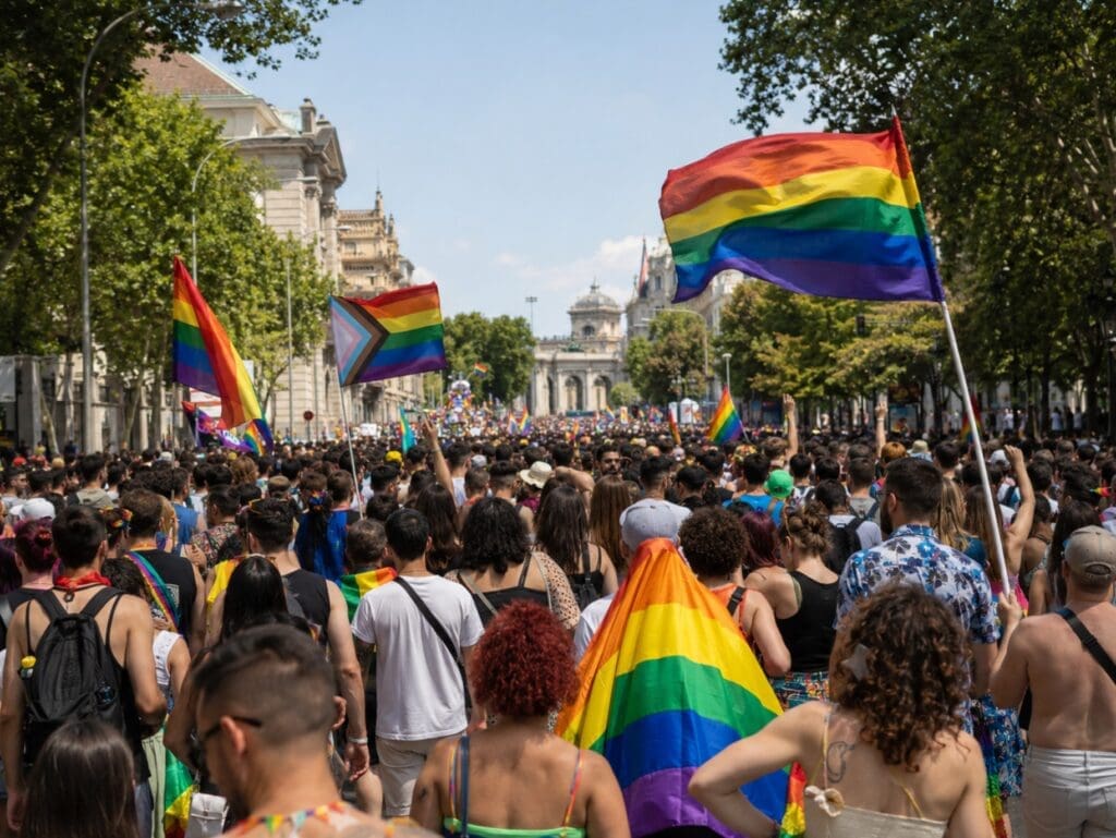 marche des fiertés à Madrid, vue de dos, avec drapeaux et foule sur le Paseo del Prado