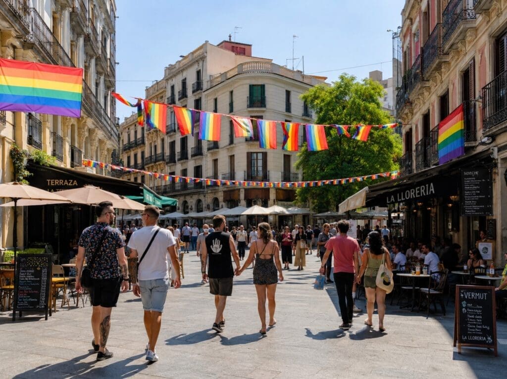 fotografía de varias personas paseando bajo banderas arcoíris en una plaza española, con terrazas y arquitectura histórica al fondo