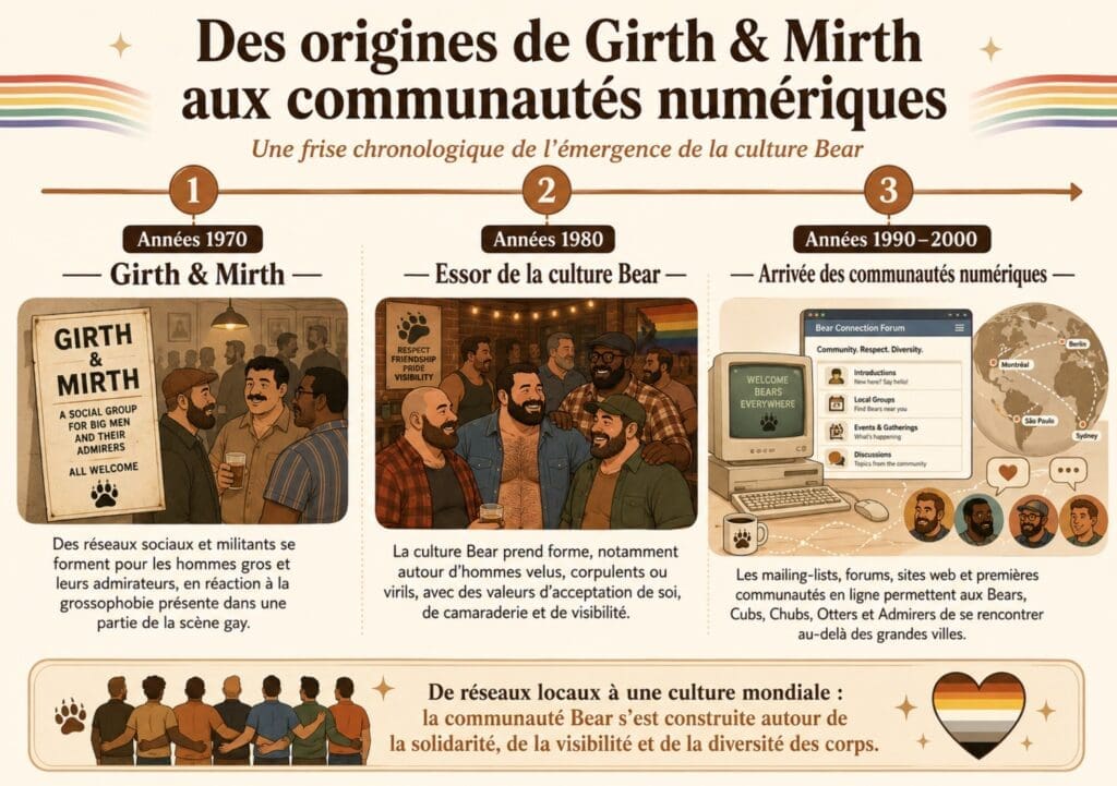 frise chronologique illustrant la naissance de Girth & Mirth dans les années 1970, l’essor de la culture Bear dans les années 1980 et l’arrivée des communautés numériquesfrise chronologique illustrant la naissance de Girth & Mirth dans les années 1970, l’essor de la culture Bear dans les années 1980 et l’arrivée des communautés numériques