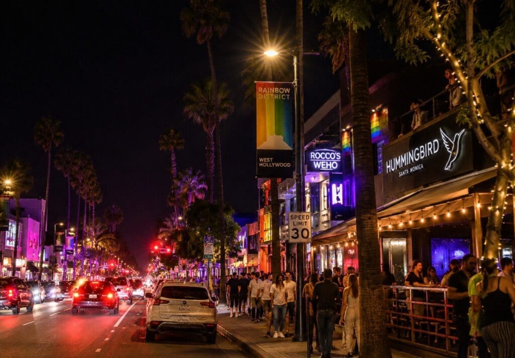 nighttime image of Santa Monica Boulevard in the Rainbow District, with venue signage and pedestrians