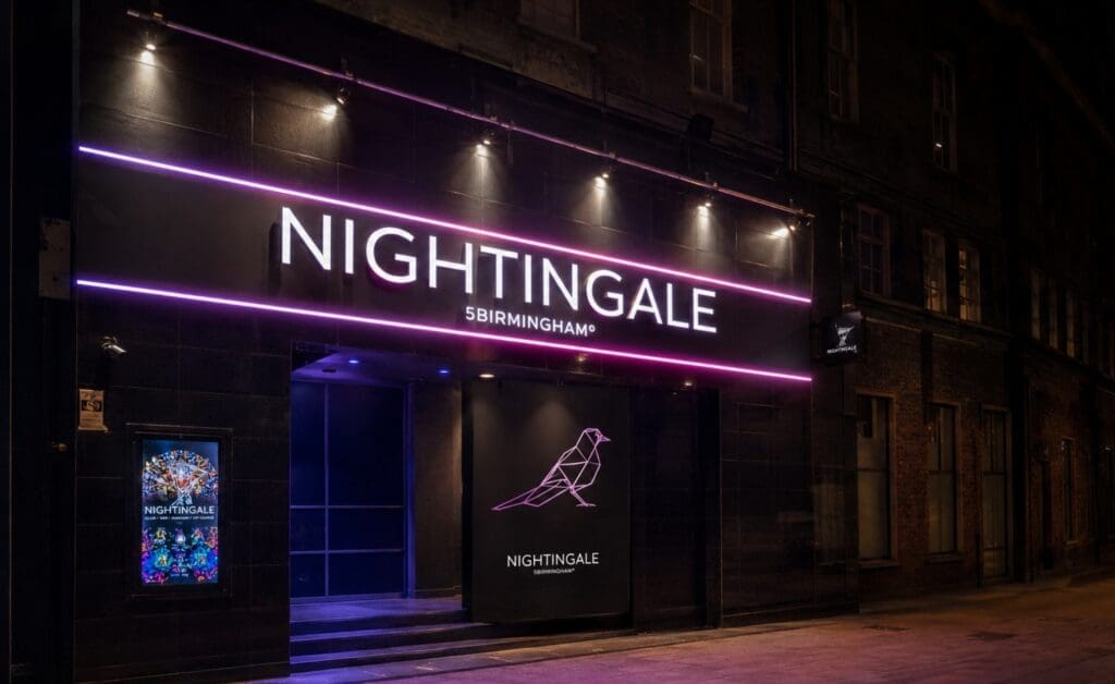 nighttime photograph of the Nightingale entrance