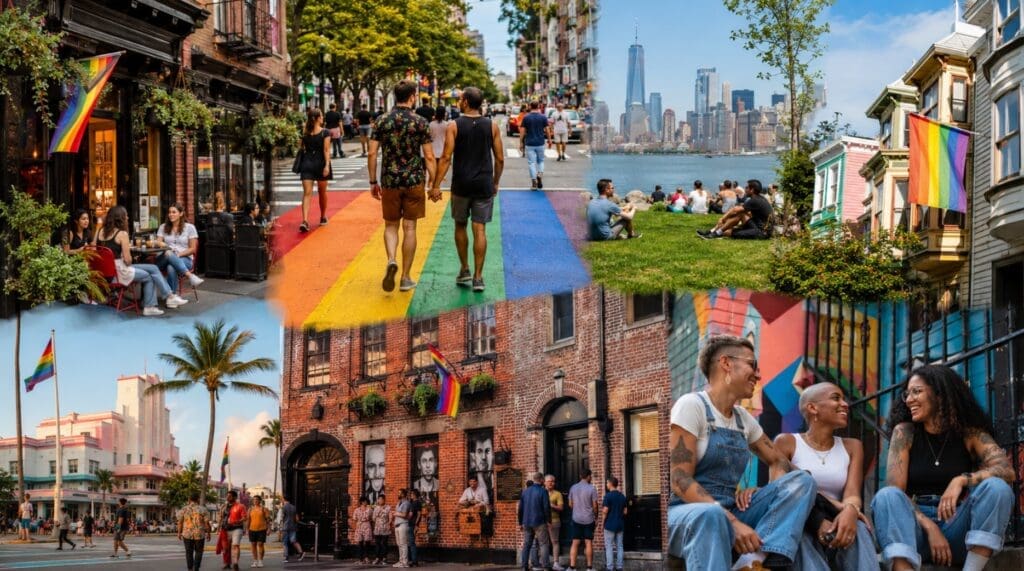 original cover image showing a collage of rainbow crosswalks, neighborhood cafés, historic LGBTQ+ landmarks, and lively streets across the United States