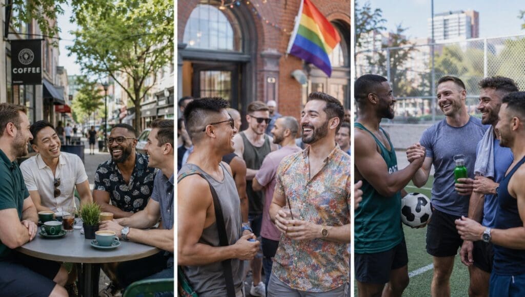 original cover photograph showing gay singles socializing at a neighborhood café, community event, and inclusive sports league in three different U.S. cities
