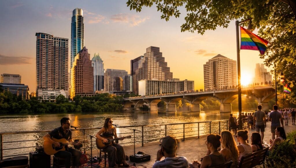 original hero image showing Austin’s skyline, rainbow flags, live music, and the Congress Avenue Bridge at sunset