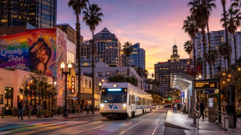 original hero image showing Downtown San Jose at dusk, with the Qmunity District, palm trees, light rail, and rainbow street art