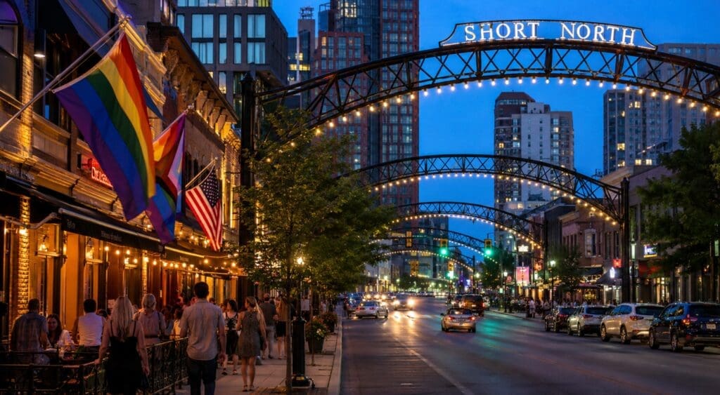 original hero photo of the illuminated arches over High Street in the Short North, with pedestrians, patios, and Pride flags at dusk (Columbus - Ohio)