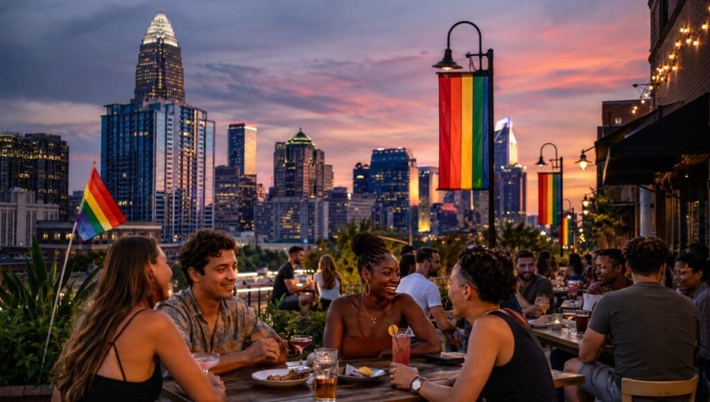 original hero photograph showing Charlotte’s skyline at dusk, Pride flags in Uptown, and friends gathering on a neighborhood patio
