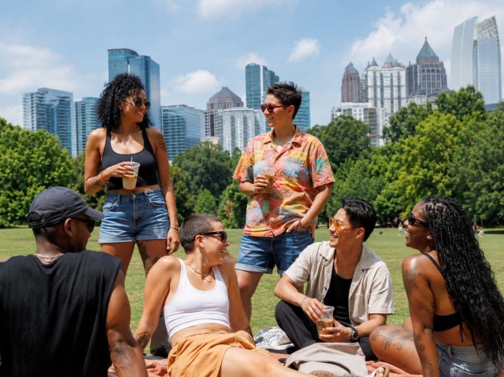 original photograph of LGBTQ+ friends gathering near Piedmont Park in Midtown Atlanta