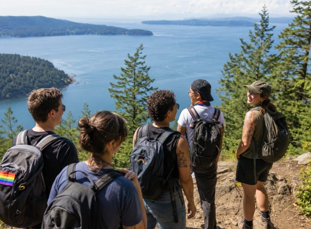 original photograph of an LGBTQ+ hiking group overlooking Puget Sound