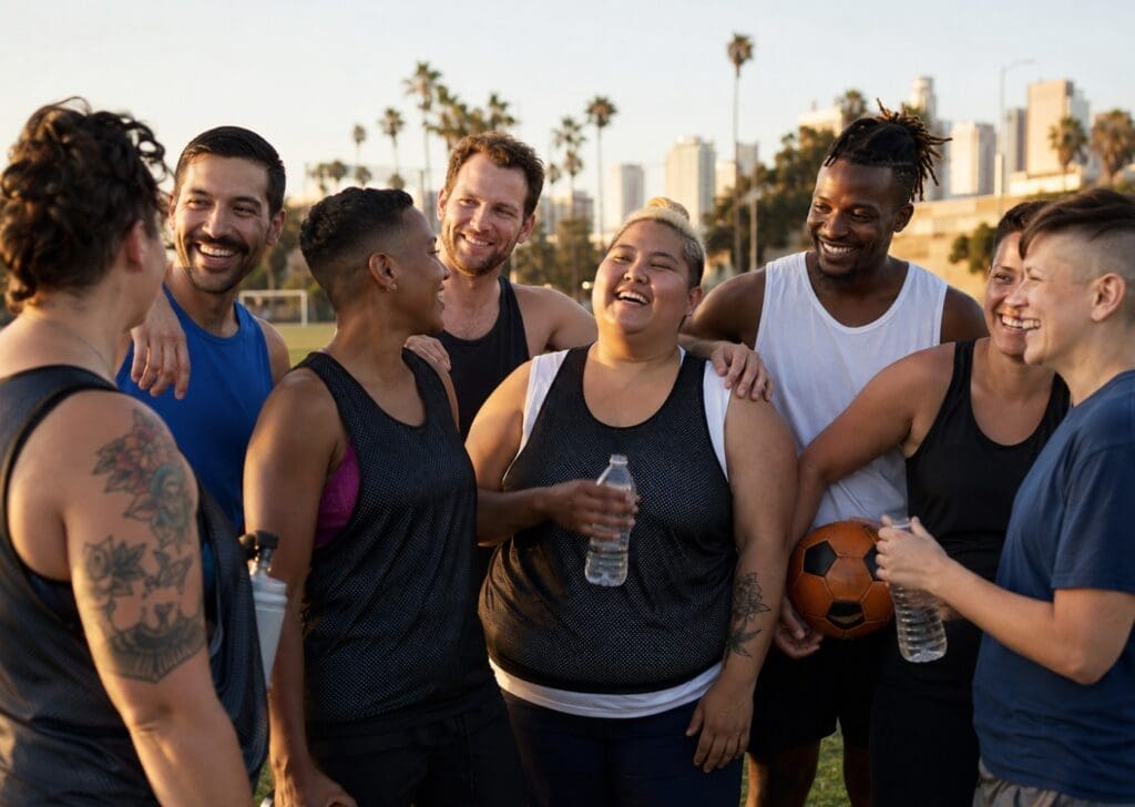 original photograph of an inclusive LGBTQ+ recreational sports team in Los Angeles after a weekend game