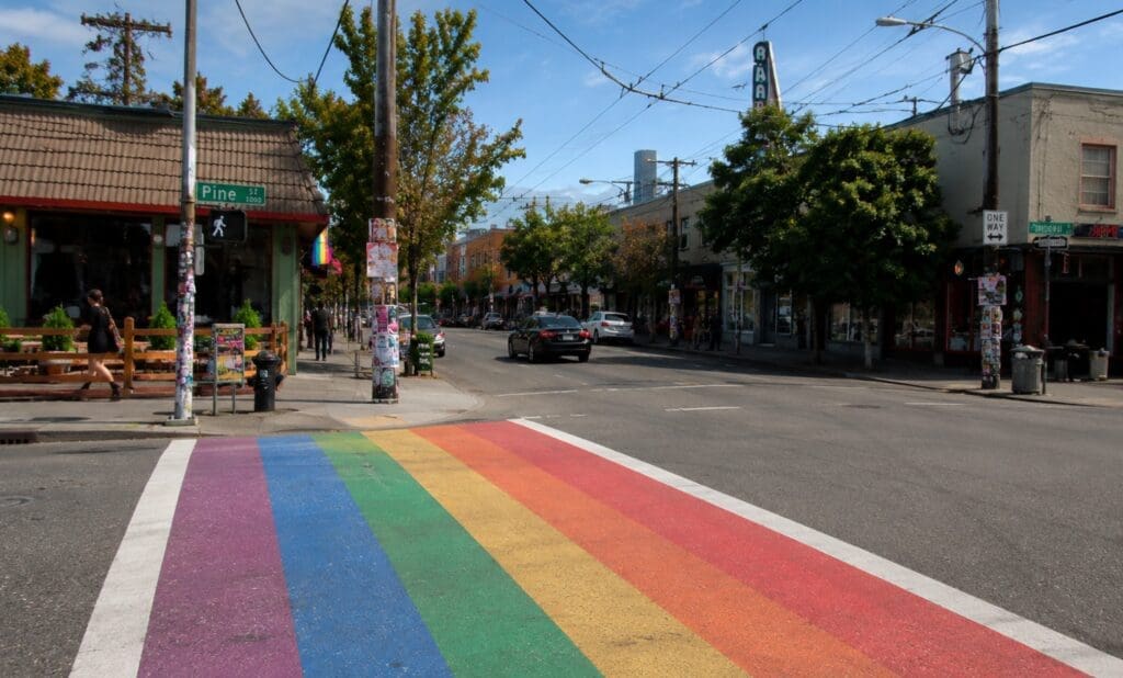 original photograph of the rainbow crosswalks near Broadway and Pike Pine
