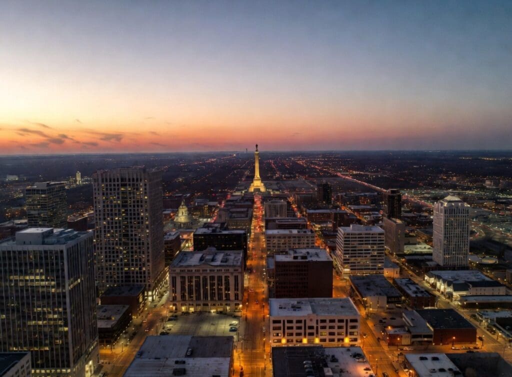 panoramic photo of downtown Indianapolis at dusk, with the Soldiers and Sailors Monument in the distance