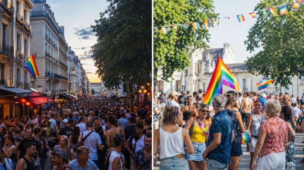 photo illustrant la différence d’ambiance entre le Marais à Paris et une Pride locale en région