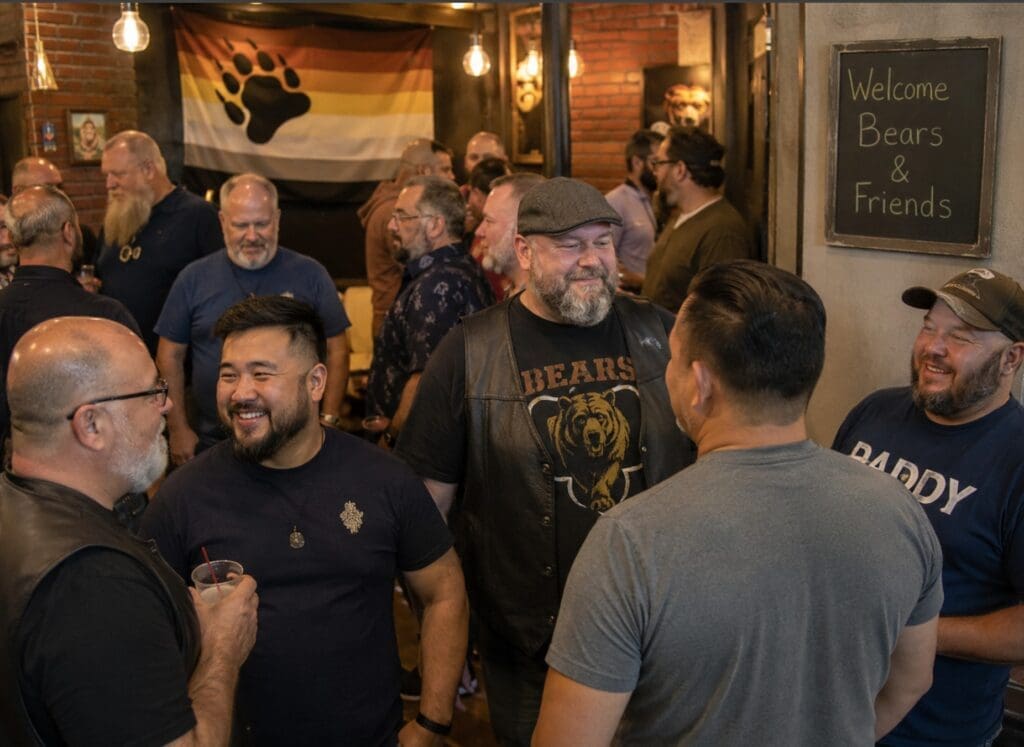 photo of an inclusive Bear community gathering featuring Bears, Daddy Bears, Cubs and admirers