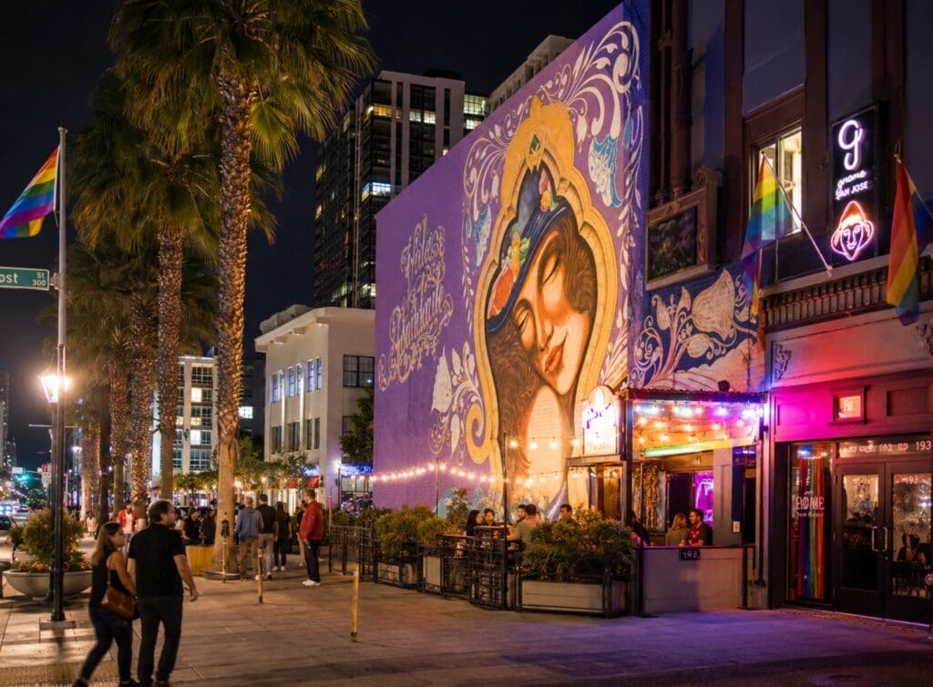 photo of the Qmunity District at night, with Post Street murals and venue entrances