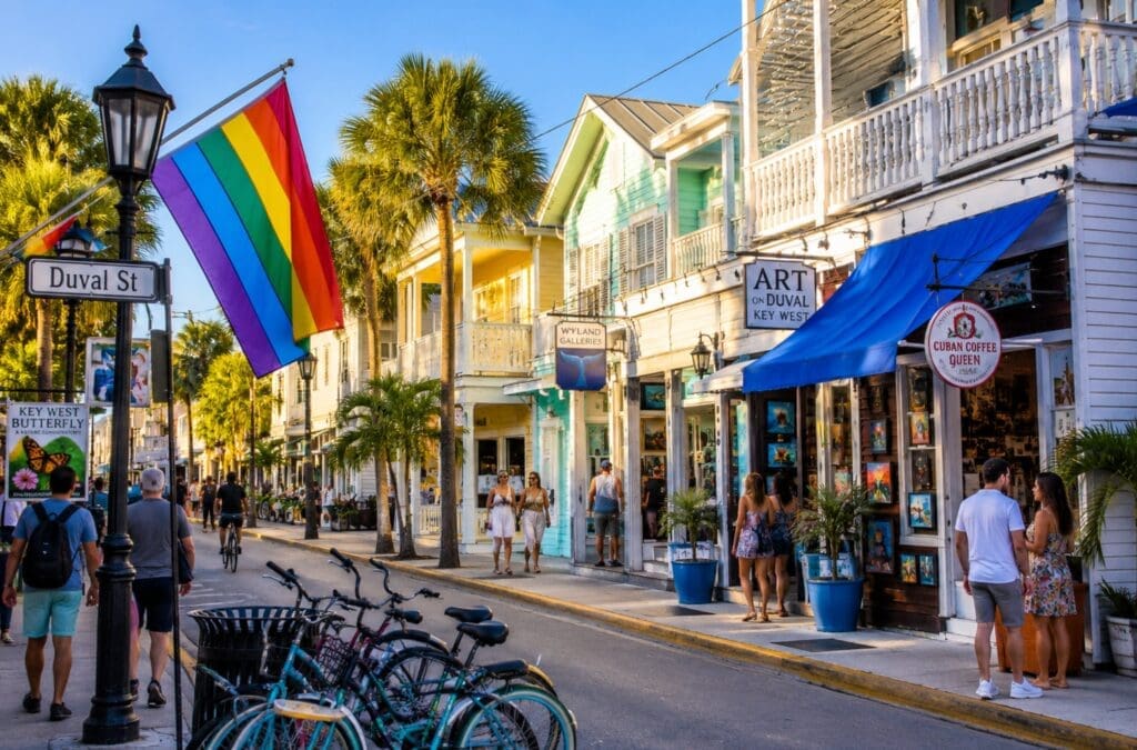 photograph of Duval Street in late afternoon, showing pastel façades, bicycles, galleries, pedestrians, and rainbow flags