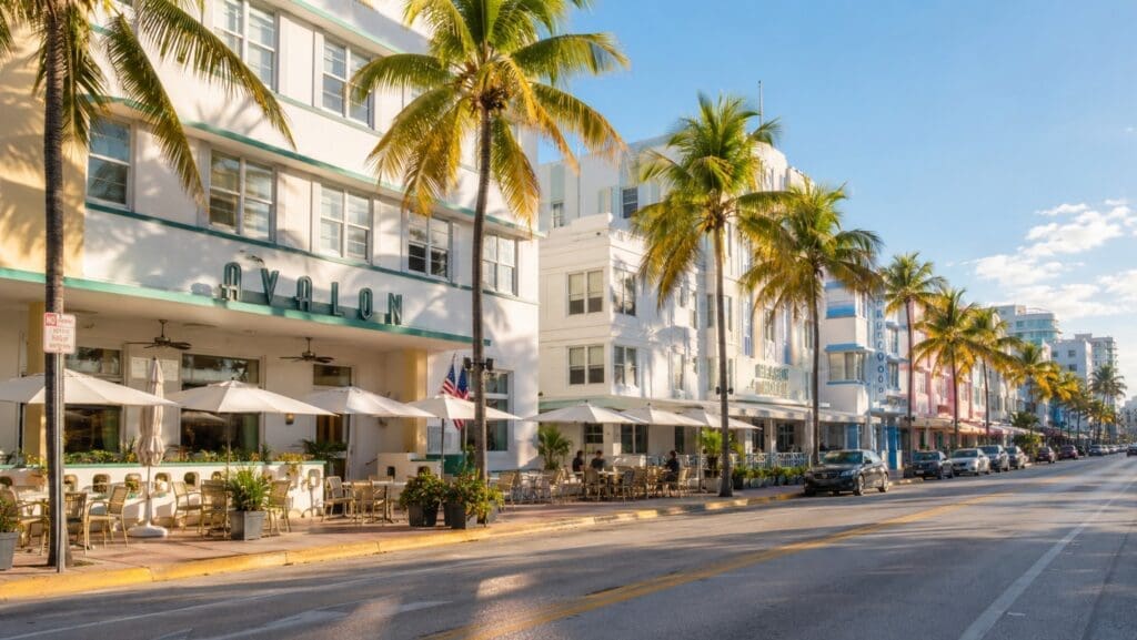 photograph of Ocean Drive in morning light, with Art Deco façades and palm trees