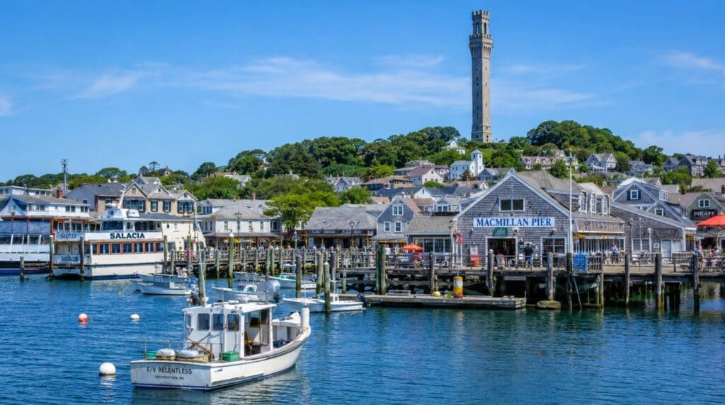 photograph of Provincetown Harbor and MacMillan Pier, with the Pilgrim Monument rising above the town