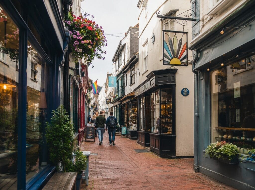 photograph of The Lanes: narrow alley, shopfronts, soft daylight, no recognisable close-up faces (Brighton)