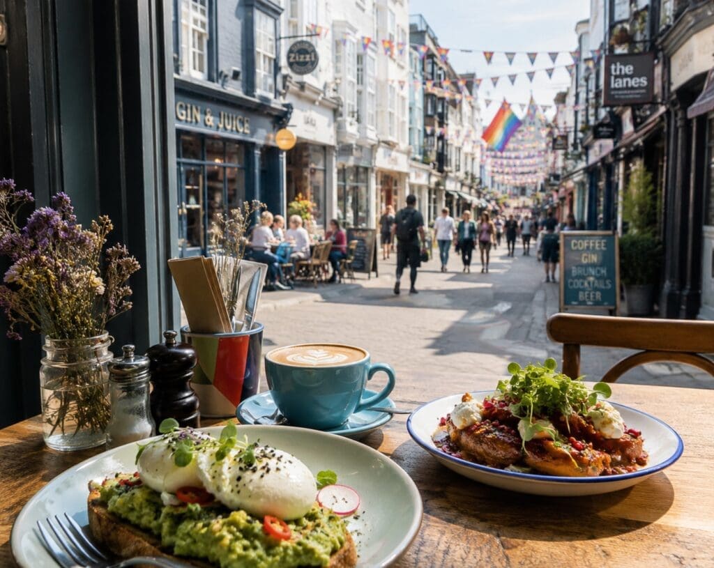 photograph of a Brighton café table with coffee, brunch and a street scene outside
